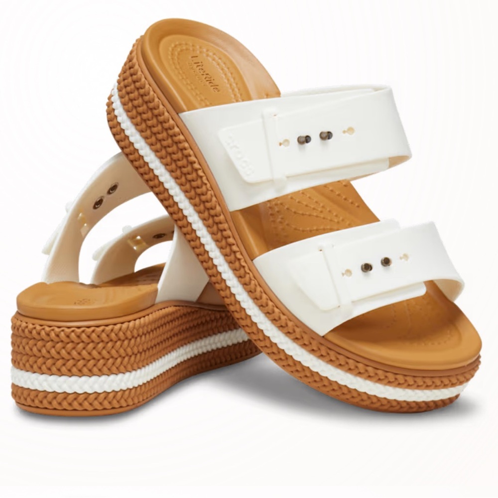 CROCS Brooklyn Woven Buckle Size 10 Chalk (white & tan) Platform Sandals EUC